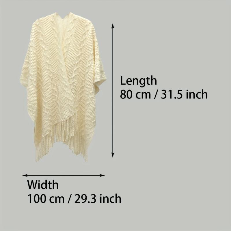 Beige Knitted Shawl Tassel Wraps Classic Warm Cape Plaid Cardigan