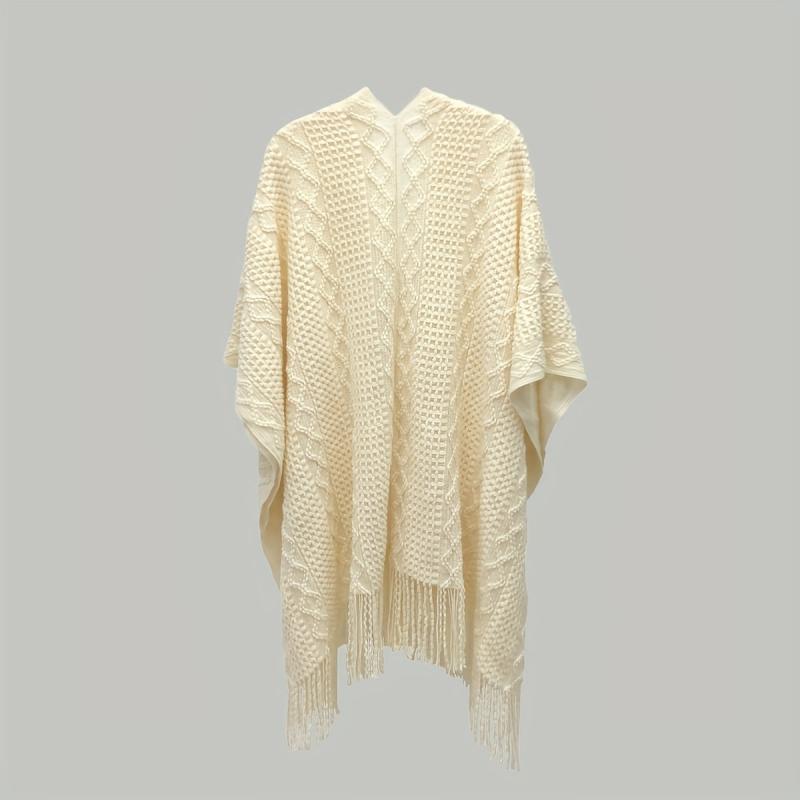 Beige Knitted Shawl Tassel Wraps Classic Warm Cape Plaid Cardigan
