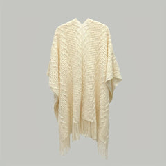 Beige Knitted Shawl Tassel Wraps Classic Warm Cape Plaid Cardigan