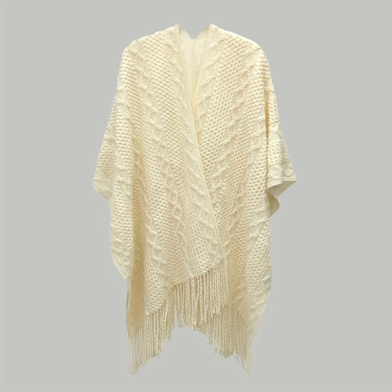 Beige Knitted Shawl Tassel Wraps Classic Warm Cape Plaid Cardigan