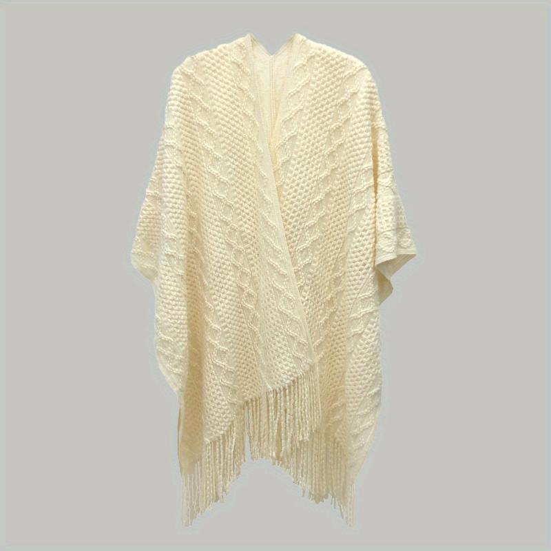 Beige Knitted Shawl Tassel Wraps Classic Warm Cape Plaid Cardigan