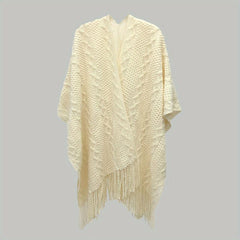 Beige Knitted Shawl Tassel Wraps Classic Warm Cape Plaid Cardigan