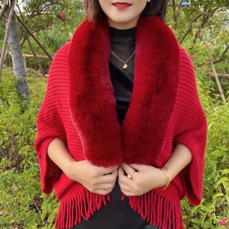 Knitted Shawl Rabbit Fur Collar Tassel Cape Cardigan for Women