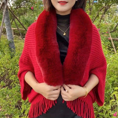 Knitted Shawl Rabbit Fur Collar Tassel Cape Cardigan for Women