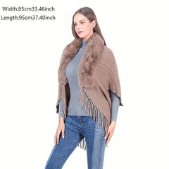 Knitted Shawl Rabbit Fur Collar Tassel Cape Cardigan for Women