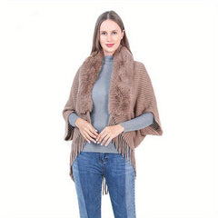 Knitted Shawl Rabbit Fur Collar Tassel Cape Cardigan for Women