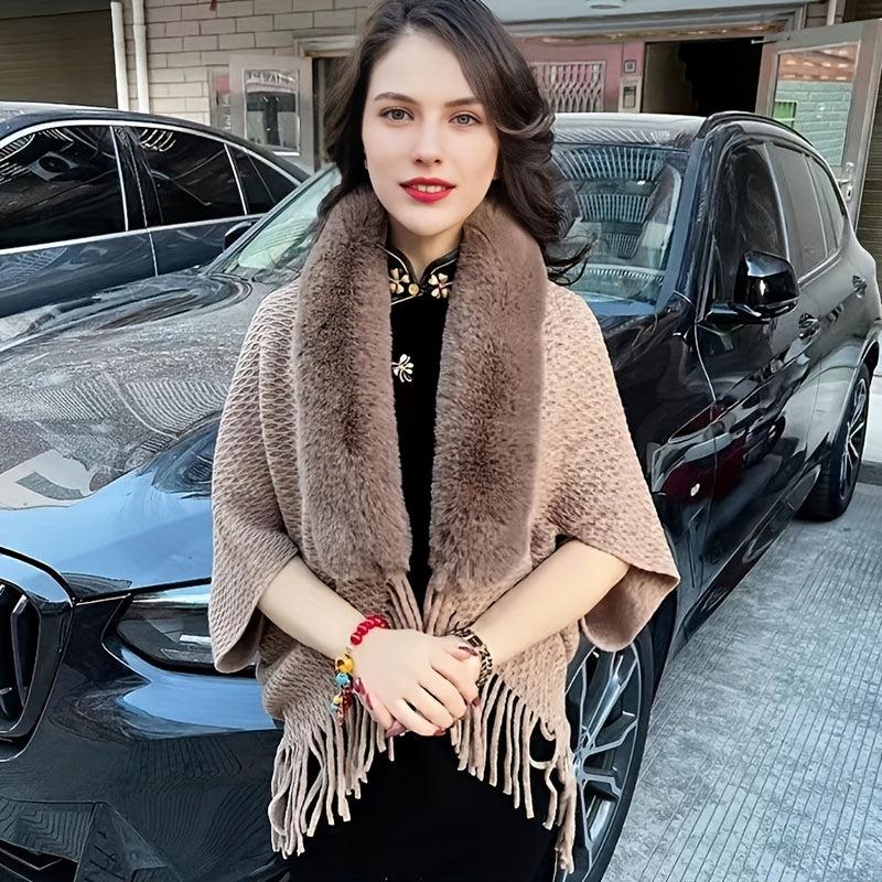 Knitted Shawl Rabbit Fur Collar Tassel Cape Cardigan for Women
