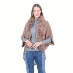 Knitted Shawl Rabbit Fur Collar Tassel Cape Cardigan for Women