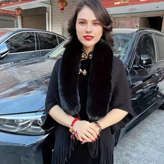Knitted Shawl Rabbit Fur Collar Tassel Cape Cardigan for Women