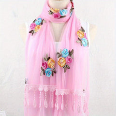 Double Layer Lace Tassel Rose Embroidery Scarf Thin Gauze Shawl for Women