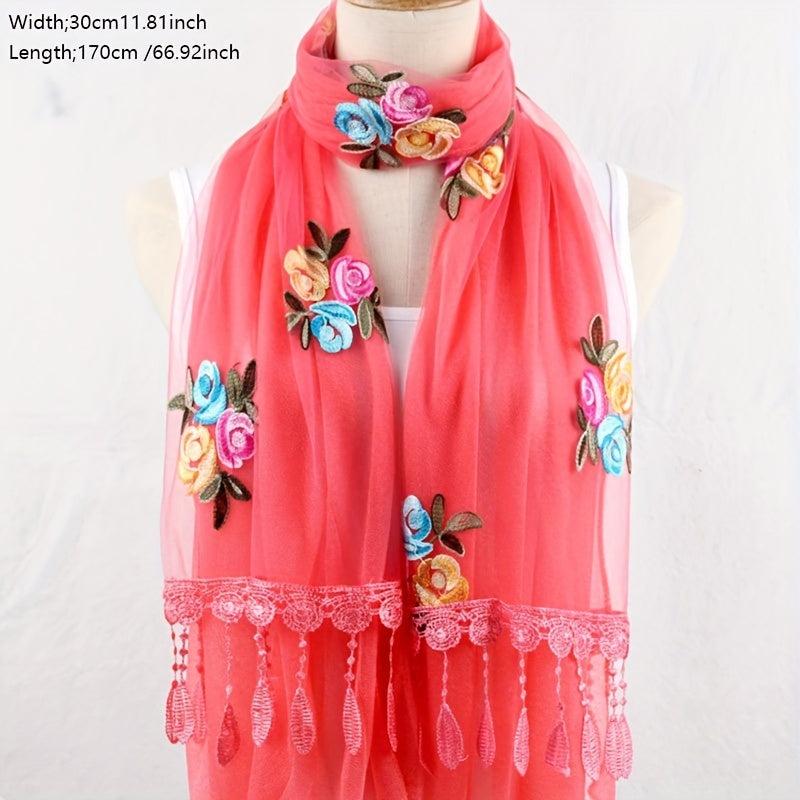 Double Layer Lace Tassel Rose Embroidery Scarf Thin Gauze Shawl for Women