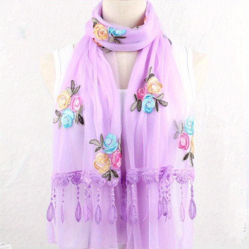 Double Layer Lace Tassel Rose Embroidery Scarf Thin Gauze Shawl for Women