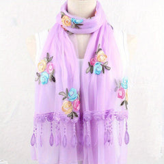 Double Layer Lace Tassel Rose Embroidery Scarf Thin Gauze Shawl for Women