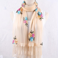 Double Layer Lace Tassel Rose Embroidery Scarf Thin Gauze Shawl for Women