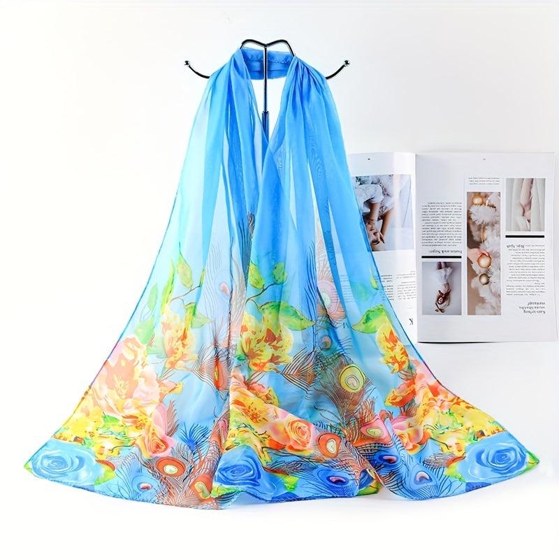 Peacock Flower Chiffon Scarf Sunscreen Shawl Outdoor Travel Head Wrap