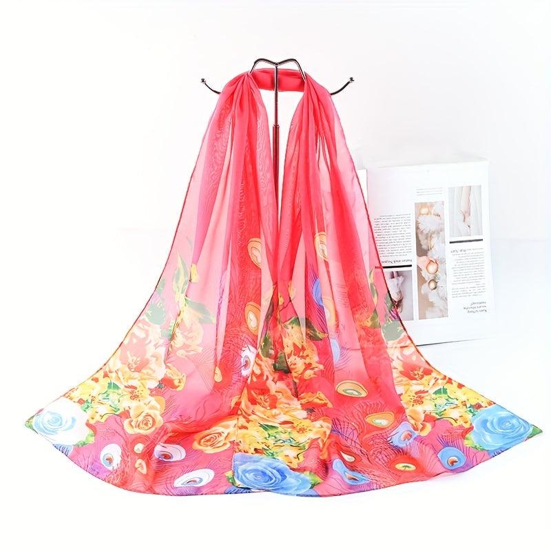 Peacock Flower Chiffon Scarf Sunscreen Shawl Outdoor Travel Head Wrap
