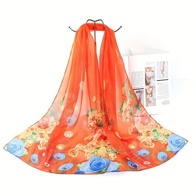 Peacock Flower Chiffon Scarf Sunscreen Shawl Outdoor Travel Head Wrap