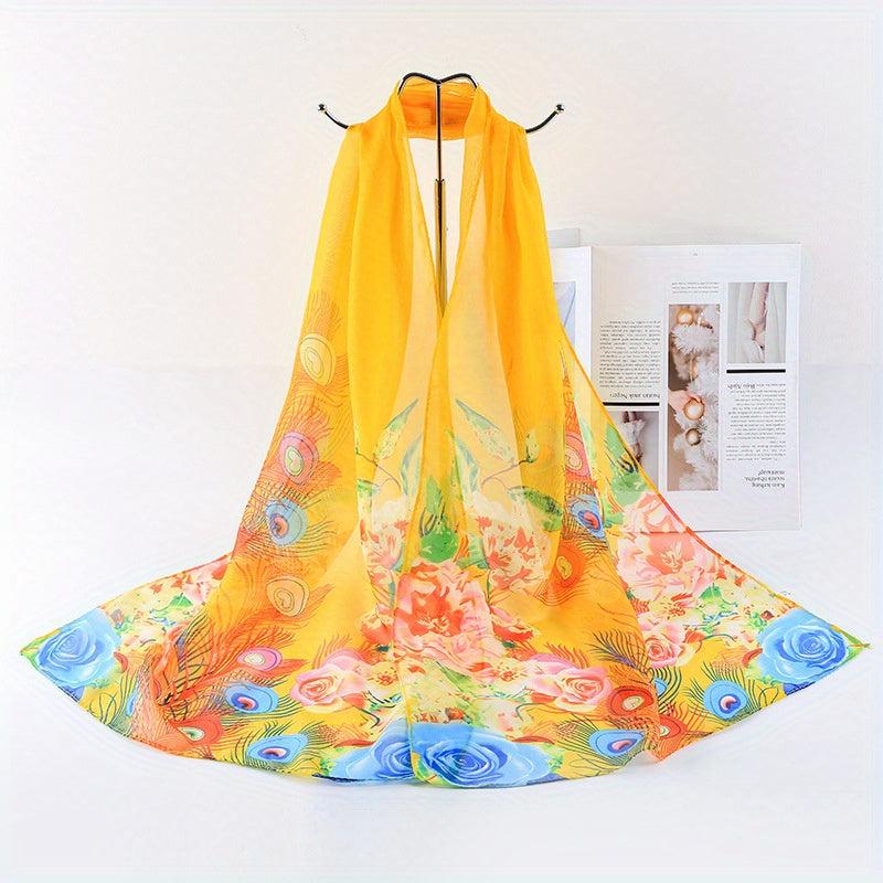 Peacock Flower Chiffon Scarf Sunscreen Shawl Outdoor Travel Head Wrap