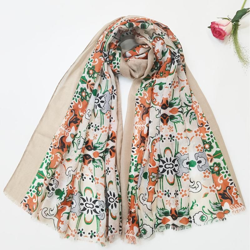 Orange Floral Print Scarf Raw Edge Shawl Wrap Women Accessories