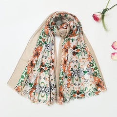 Orange Floral Print Scarf Raw Edge Shawl Wrap Women Accessories