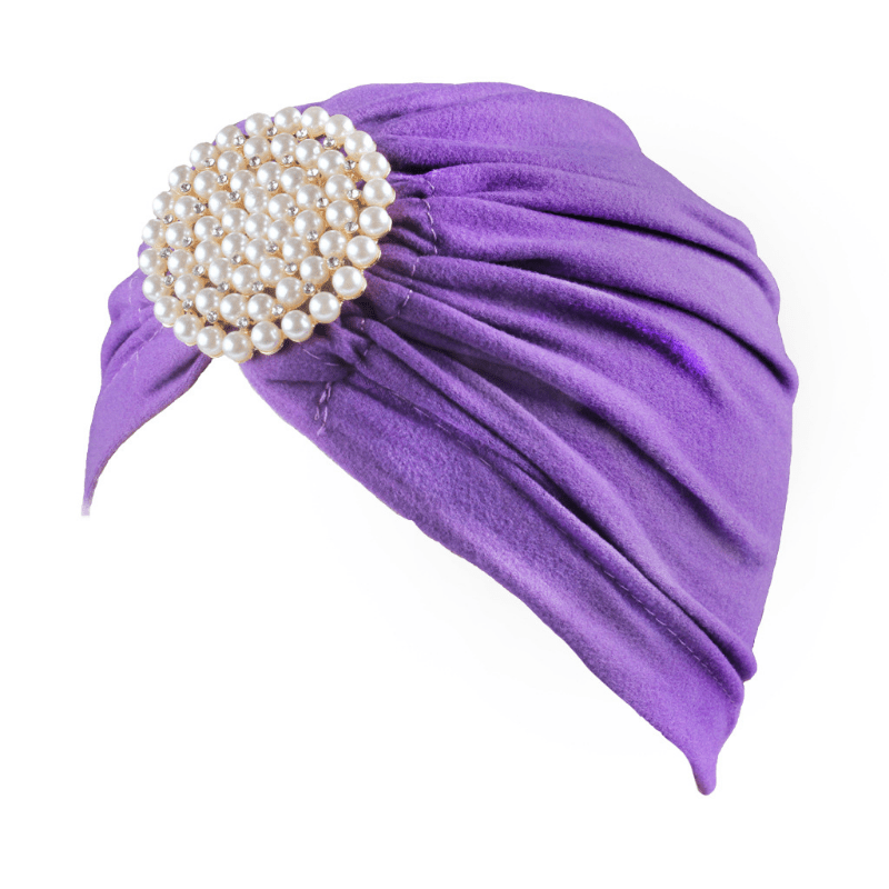 Faux Pearl Decor Turban Cap Candy Pleated Head Wrap Casual Headscarf Hijab