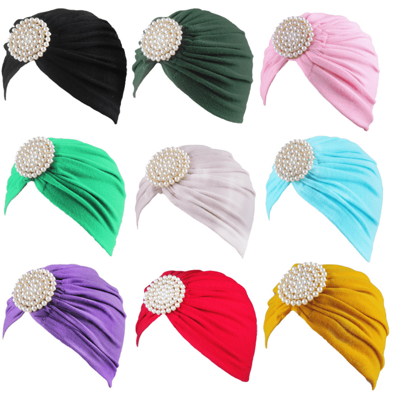 Faux Pearl Decor Turban Cap Candy Pleated Head Wrap Casual Headscarf Hijab