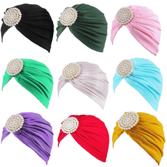 Faux Pearl Decor Turban Cap Candy Pleated Head Wrap Casual Headscarf Hijab