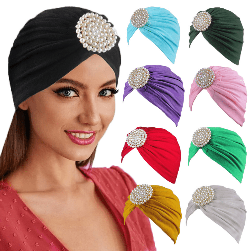 Faux Pearl Decor Turban Cap Candy Pleated Head Wrap Casual Headscarf Hijab
