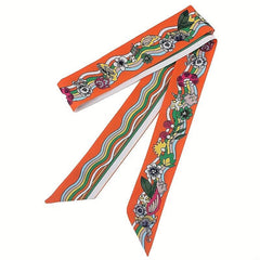 Twill Satin Scarf Female Long Ribbon Necktie French Flower Wave Hairband