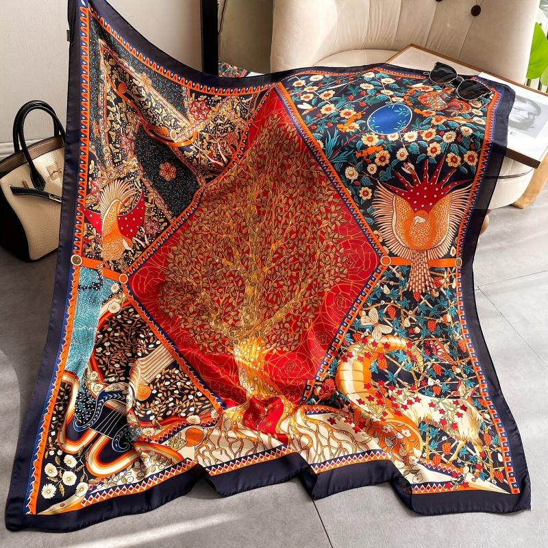 Boho Birds Floral Print Bandana Vintage Square Scarf Satin Shawl