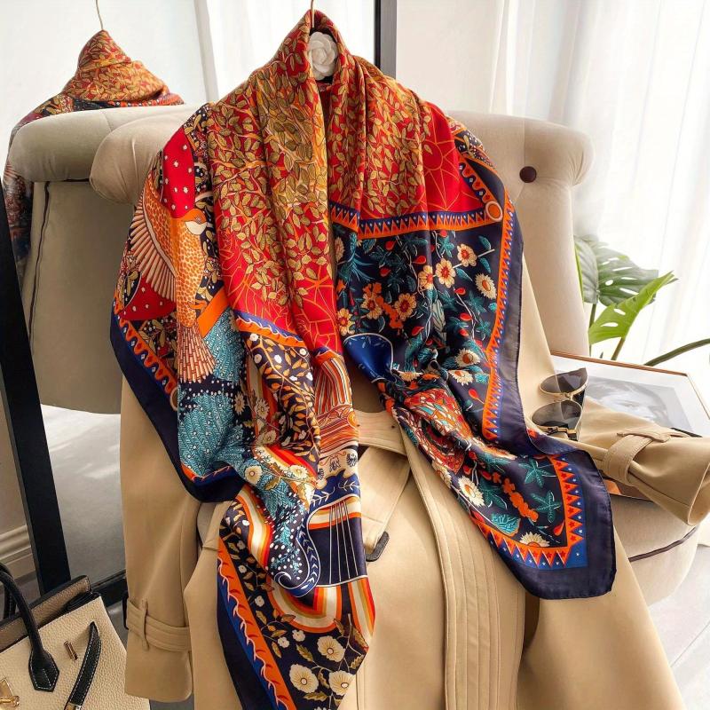 Boho Birds Floral Print Bandana Vintage Square Scarf Satin Shawl
