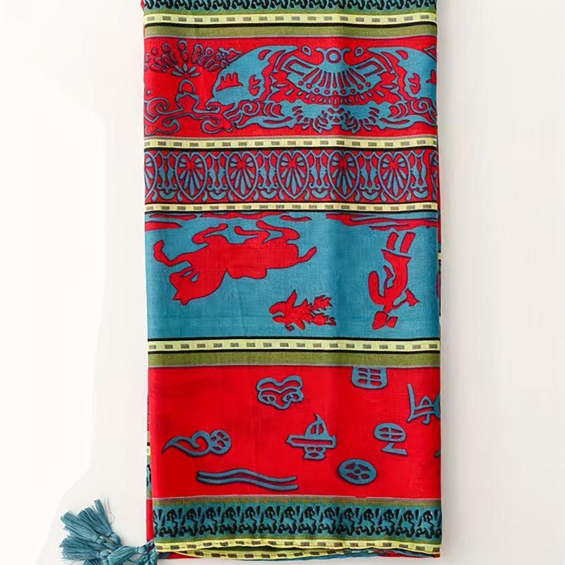 Horses Printed Scarf Retro Striped Fringed Shawl Long Sunscreen Bandana