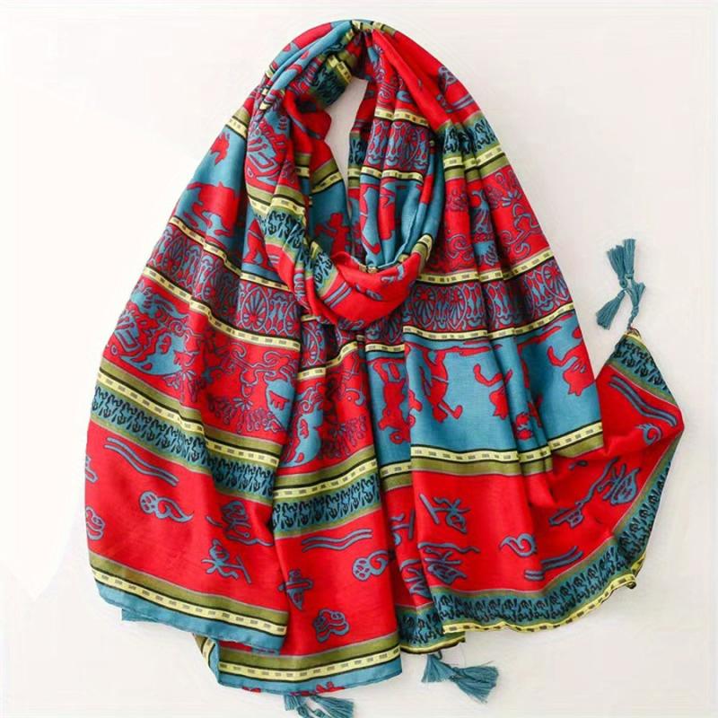 Horses Printed Scarf Retro Striped Fringed Shawl Long Sunscreen Bandana