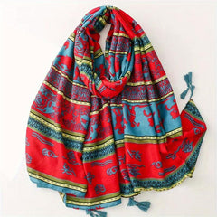 Horses Printed Scarf Retro Striped Fringed Shawl Long Sunscreen Bandana