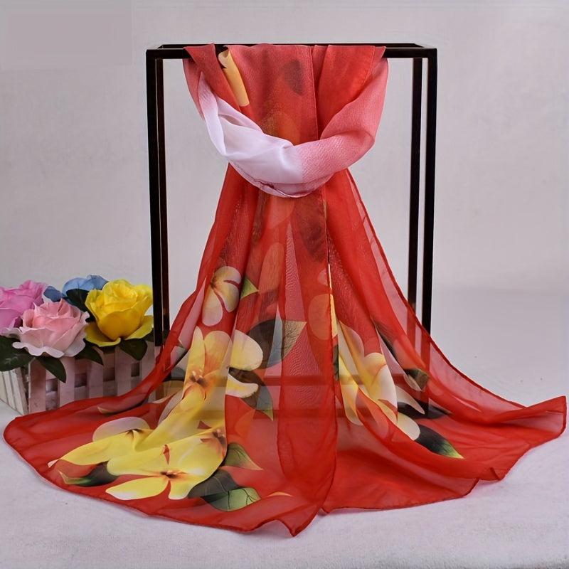 Yellow Flower Print Chiffon Scarf Vintage Thin Shawl