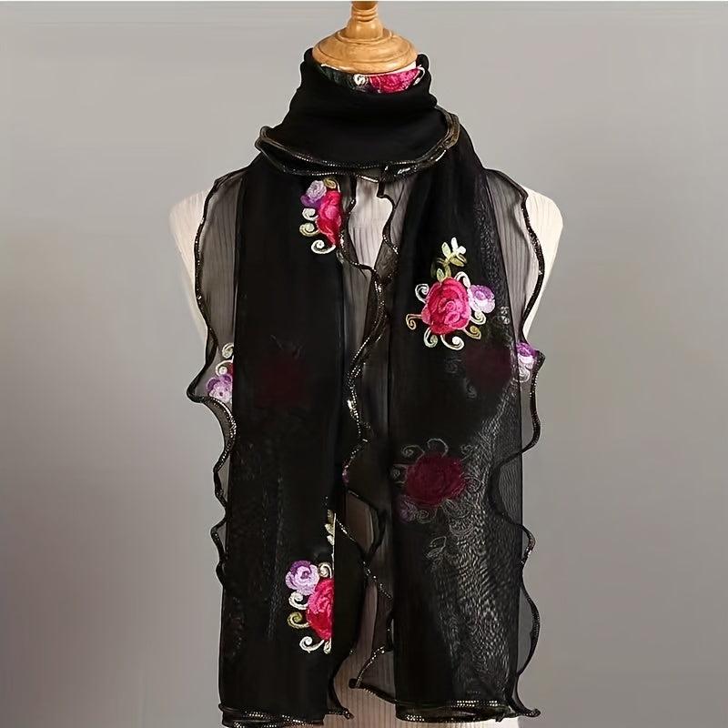 Ruffles Rose Embroidered Scarf Double Layer Gauze Head Wrap