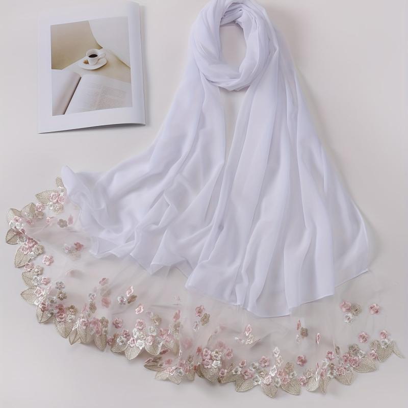 Chiffon Scarf Flower Embroidery Hijab Lightweight Shawl