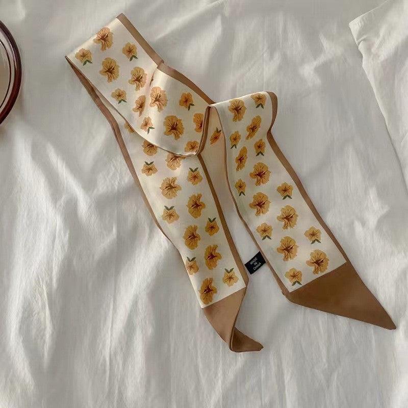 Floral Print Skinny Scarf Neck Tie Silk Twilly Scarf