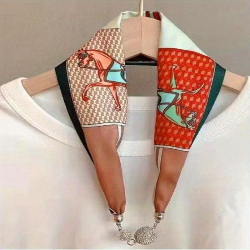 Magnetic Buckle Skinny Scarf Rhinestone Decor Necklace Neckerchief