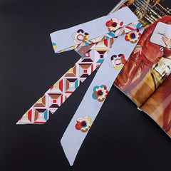 Floral Long Ribbon Scarf Silk Necktie Print Hairband