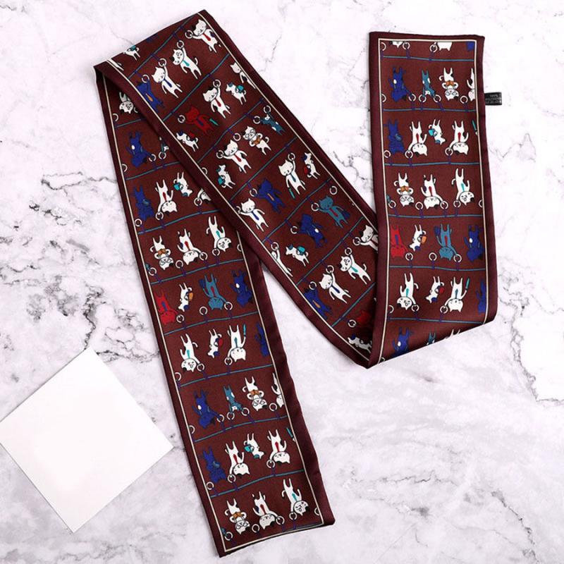 Cartoon Cat Print Skinny Scarf Long Ribbon Neckerchief for Women
