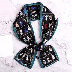 Cartoon Cat Print Skinny Scarf Long Ribbon Neckerchief for Women