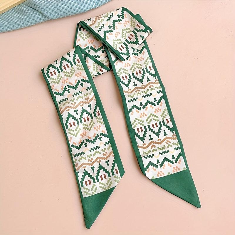 Green Printed Twilly Scarf Long Ribbon Neckerchief Classic