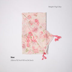 Rose Print Long Scarf Pink Tassel Shawl Windproof Head Wrap