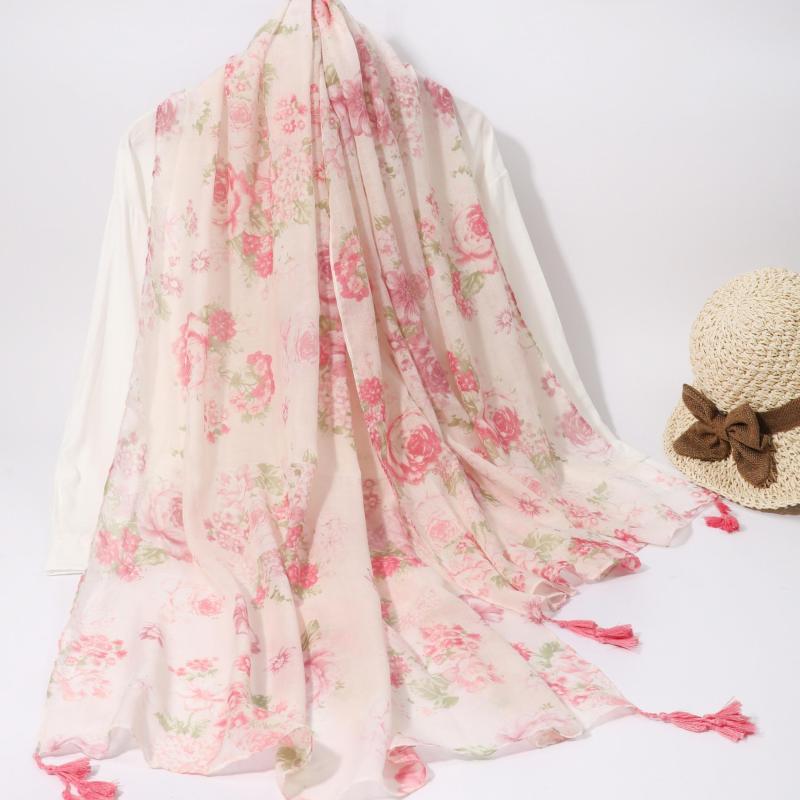 Rose Print Long Scarf Pink Tassel Shawl Windproof Head Wrap