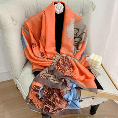 Vintage Lotus Print Silk Scarf Satin Head Wrap Beach Towel for Women