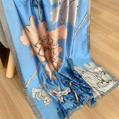 Vintage Lotus Print Silk Scarf Satin Head Wrap Beach Towel for Women