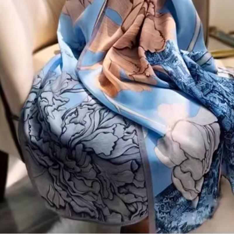 Vintage Lotus Print Silk Scarf Satin Head Wrap Beach Towel for Women