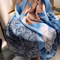 Vintage Lotus Print Silk Scarf Satin Head Wrap Beach Towel for Women