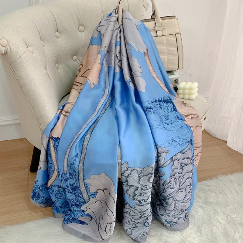 Vintage Lotus Print Silk Scarf Satin Head Wrap Beach Towel for Women